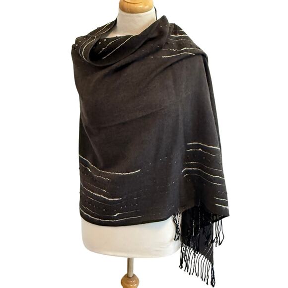 Georges Rech Accessories - Georges Rech Abstract Wave Studded Fringed Scarf Knit Wool Blend Urban Lagenlook